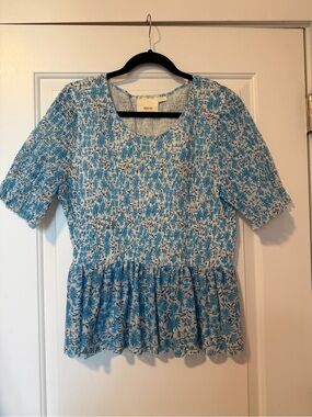Maeve Blue and White Floral Smocked Peplum Top